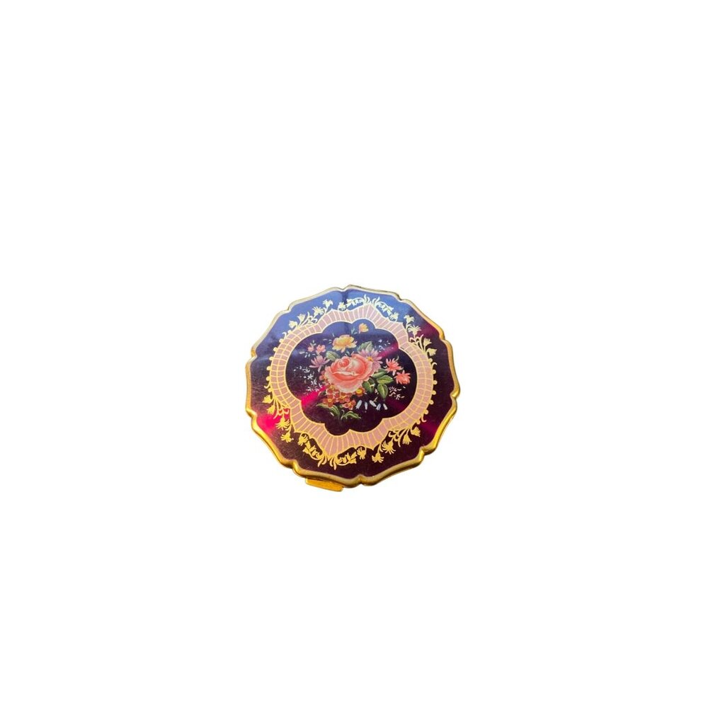 Vintage Floral Goldtone Compact Mirror With Intricate Hand-Painted Design & Inne